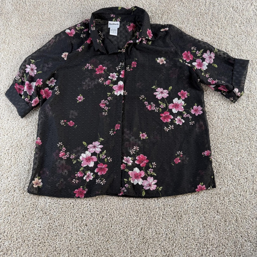 BonWorth Blouse Womens XL Black Floral Collared 3/4 Sleeve Sheer Button Top